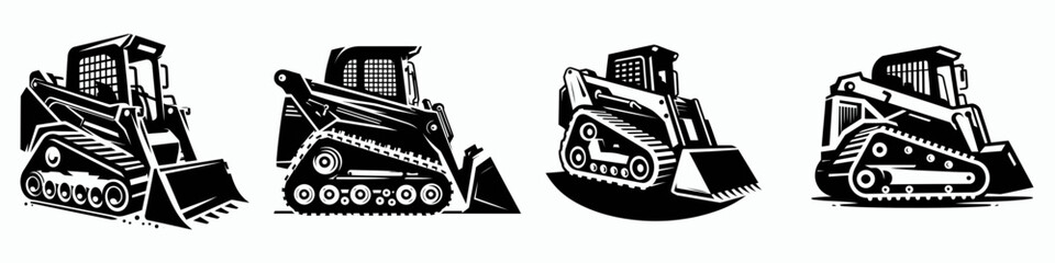 Track Loader. Construction Tools Builder Repair Renovation Worker Clipart Line Art Vector Illustration. Crawler vehicle heavy earthmoving equipment for excavation.