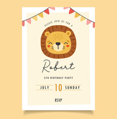Birthday party Invitation, Birthday animals collection, cake, gifts, lion, boy party invitation