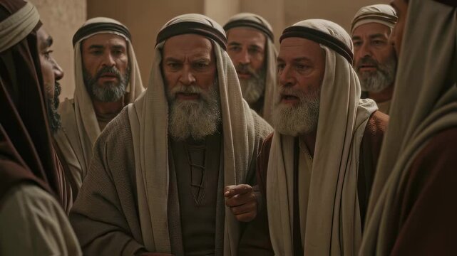 Group of men wearing ancient headdresses in heated discussion, as jewish priests and pharisees debating in old testament times, depicting biblicial conflict and religious themes	