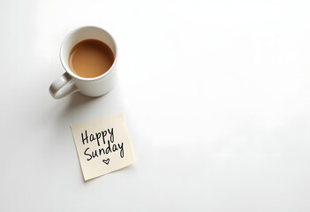 Minimalist Coffee and &ldquo;Happy Sunday&rdquo; Note on White Background &ndash; Calm and Peaceful Vibes