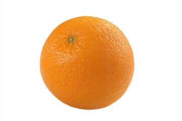 A single, ripe orange sits against a stark white background.  Its vibrant color and textured peel are clearly visible.