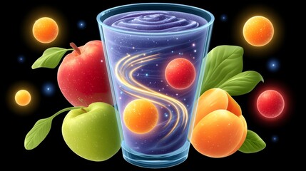 Fototapeta premium Vibrant Smoothie Swirling Into a Spiral Galaxy Surrounded by Fresh Fruits on a Dark Background