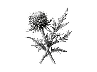 Thistle flower head engraving, vintage botanical illustration, hand-drawn sketch, retro floral art, old engraving style, antique nature decor, trendy sketch for home, botanical drawing, nature art
