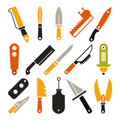 Collection of different kitchen knives and utensils vector illustration