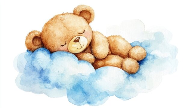 Naklejki Watercolor cute and adorable baby teddy bear sleeping on a blue cloud, with a neutral white background.