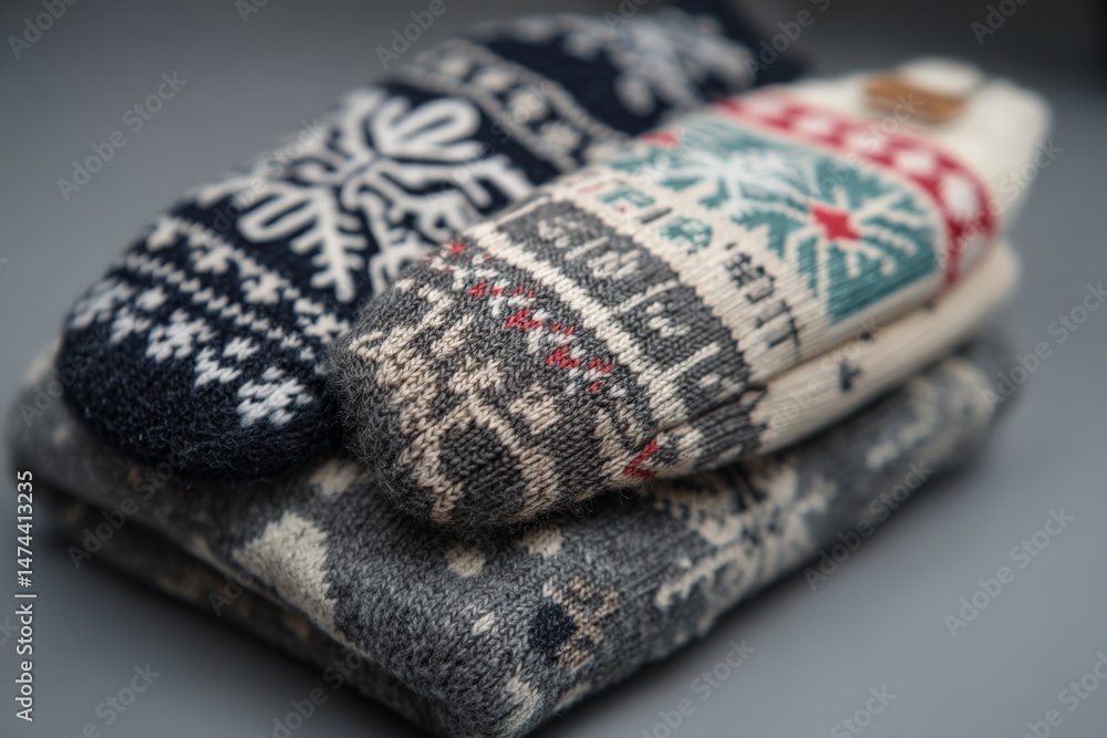 Poster Cozy winter patterns on knitted mittens and warm sweater on a soft surface