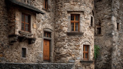 A medieval tower house features rustic stone walls and wooden windows, showcasing the architectural style of the era. This historic building stands as a testament to craftsmanship