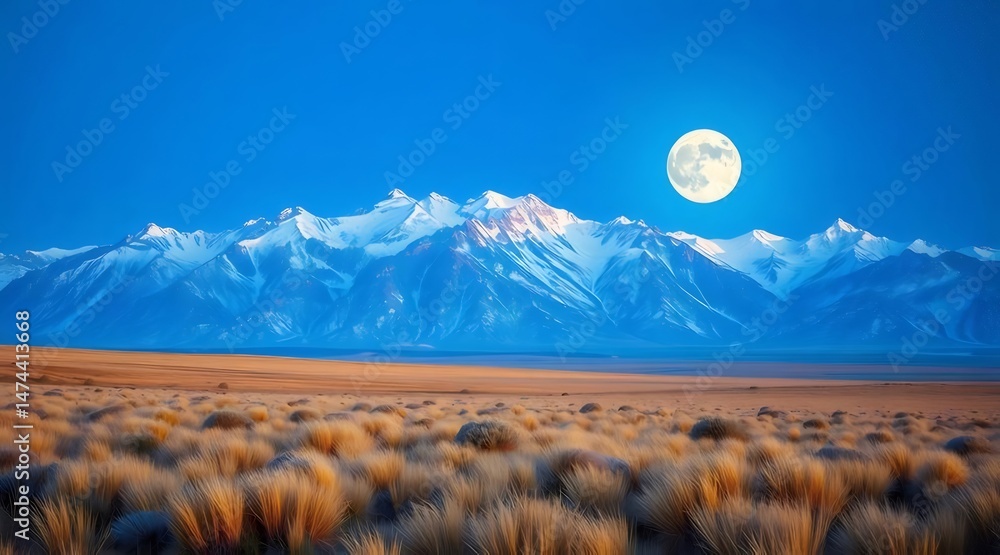 Poster 雪を頂いた山々の峰と満月が照らす風景の眺め 青空の下の広大な平原 冬の夜の自然の美しさ