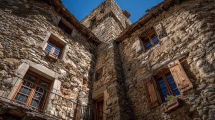 A view of a medieval tower house showcasing its sturdy stone walls and wooden windows under a bright blue sky. This historic architecture stands in a quaint village