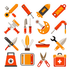 Icon set illustration featuring a range of repair tools