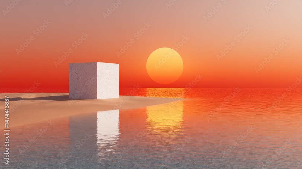 Poster a minimal beach setting features a floating cube casting reflections as a vibrant sunset casts warm 