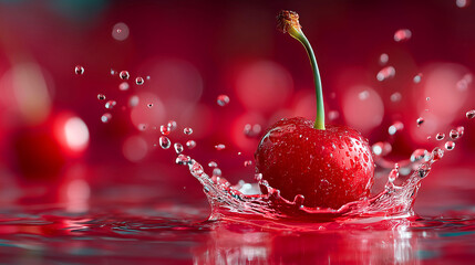 Juicy cherry splashing into water with vibrant red background