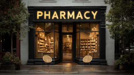 The exterior of a minimalist pharmacy features a large illuminated sign with the word pharmacy. Two chairs are positioned outside, creating a welcoming atmosphere in the evening light