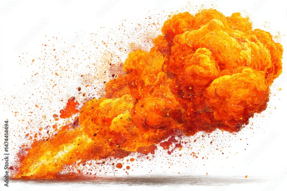 Poster massive explosion with vibrant orange and yellow clouds dispersing in a dramatic display of energy a