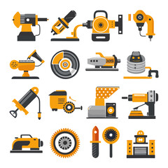 Variety of stylized yellow and gray industrial equipment icons