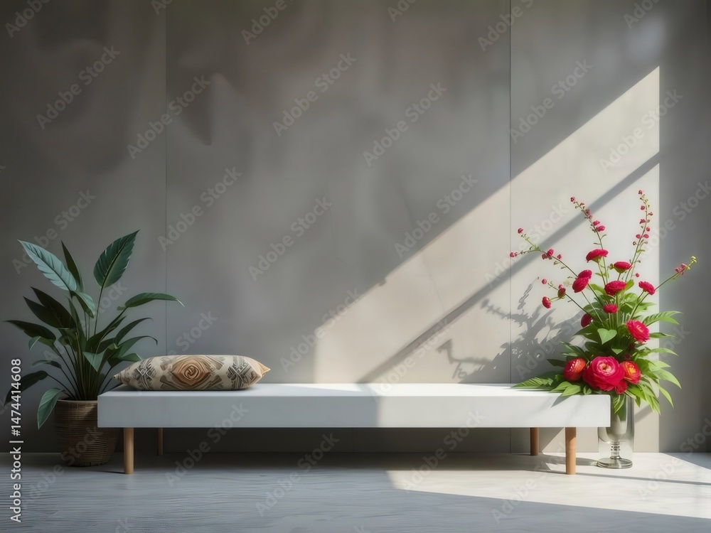 Aufkleber コンクリートの壁の背景に赤い花と緑の植物が飾られた白いベンチと室内デザインと差し込む光