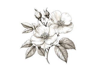 Black sketch of wild rose branch, hand-drawn floral motif, antique botanical illustration, vintage engraving style, decorative plant art, garden flower ink drawing, retro floral print,