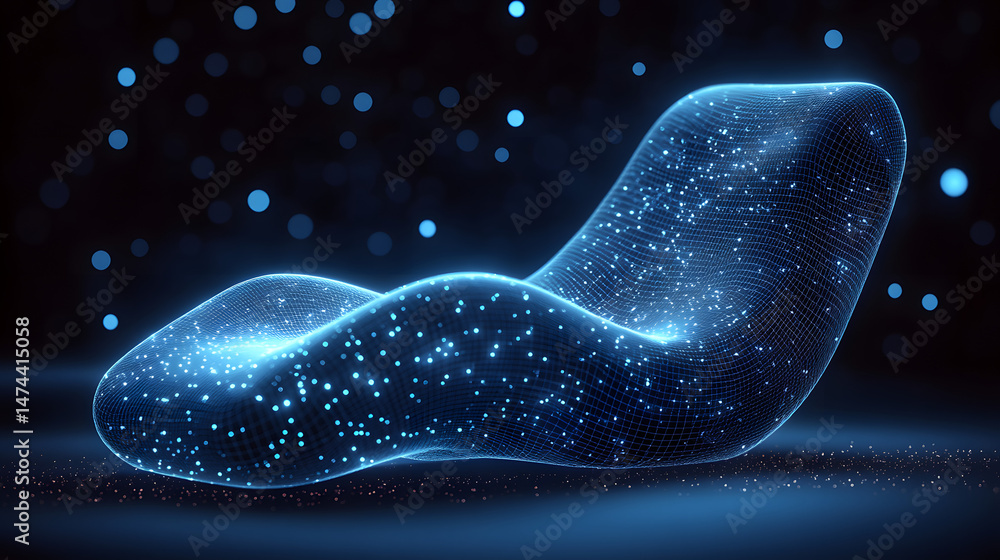 Fototapete Futuristic abstract wave rendered in digital grid style. Interconnected blue lines form a net with light points, creating a depth of field and a digital atmosphere. Abstract wireframe in dark blue
