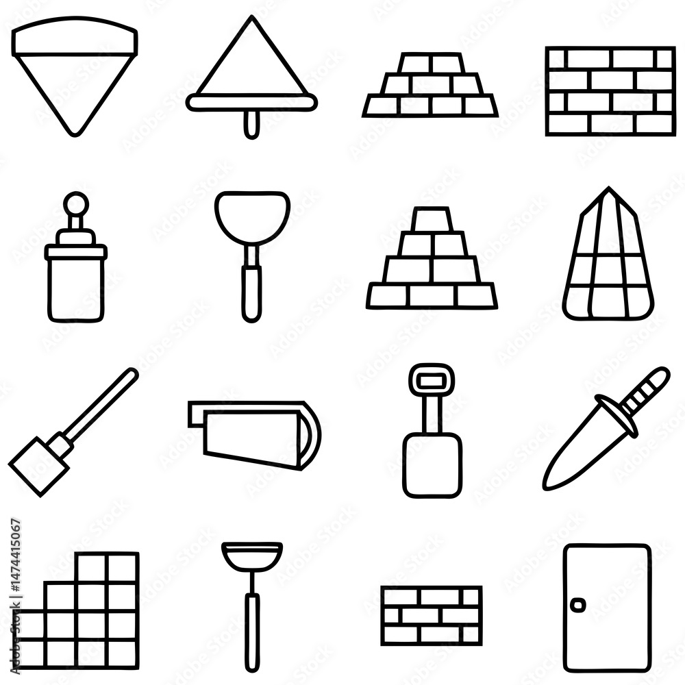 Poster icon set displaying construction and renovation objects in outline style