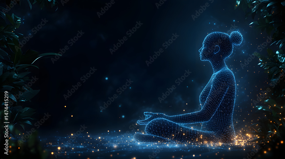 Poster meditative figure in lotus position, formed by glowing blue lines amidst lush leaves and ethereal pa