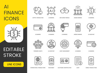 AI finance icon set with editable stroke style for banking automation crypto transactions metaverse investment tokenized assets and digital finance solutions in fintech apps