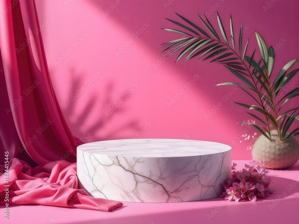 Aufkleber ピンクの背景に大理石の台座と植物とカーテン 製品プレゼンテーション用の美しいディスプレイプラットフォーム
