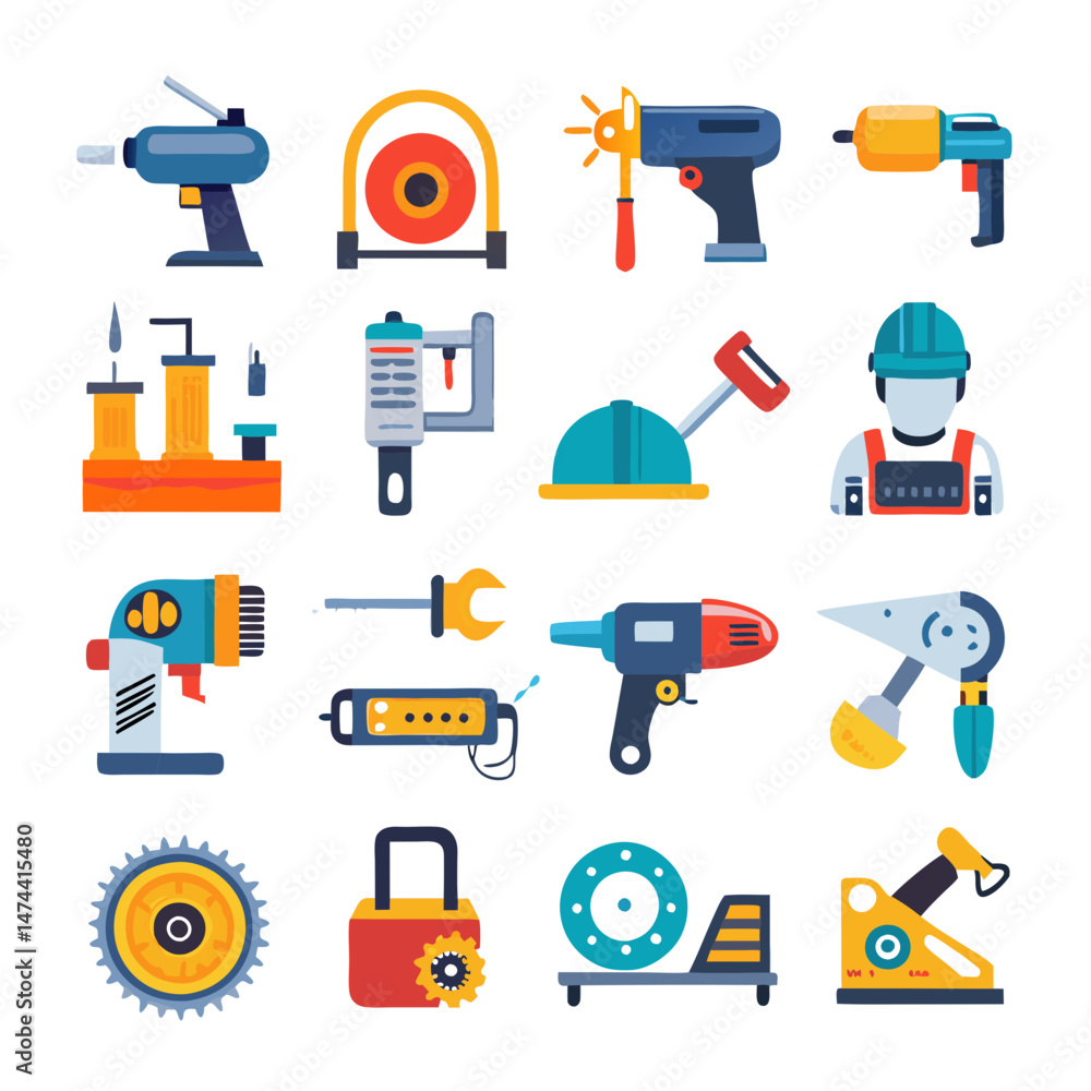Poster diverse array of flat design industrial tools and worker
