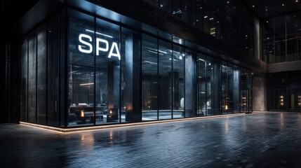 Located in a contemporary architecture, this spa center features elegant soft lighting that enhances the atmosphere of relaxation. The inviting entrance highlights a commitment to wellness