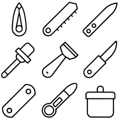 Simple line art illustration of various crafting and utility tools