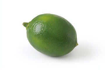 A single, ripe lime rests on a bright white background.