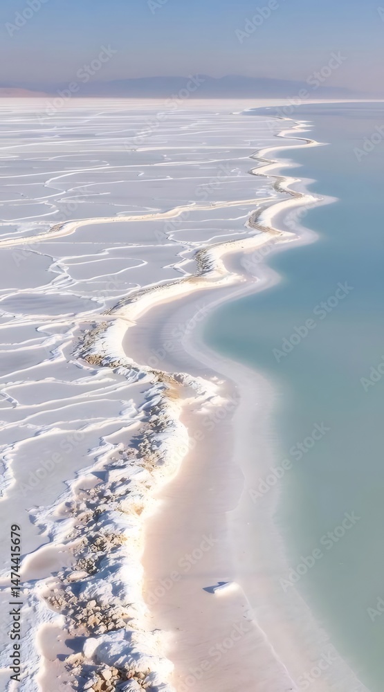 Aufkleber 薄い青い海と塩の結晶の形成のある海岸線の美しい景色 白いテクスチャの背景と穏やかな水面を持つ湖の自然の風景