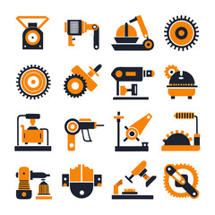 Set of industrial equipment tools and machinery icons