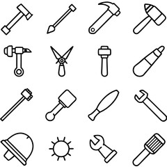 Various tools flat illustration set, black outline design