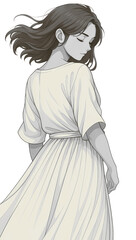 A soft and elegant set of 5 anime-style line illustrations featuring women seen from behind in quiet, introspective moments. Each piece captures subtle emotions through clean linework, pastel tones, a