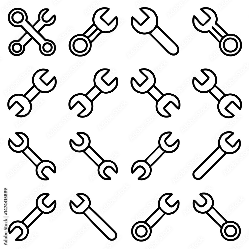 Poster collection of wrench tool icons arranged in grid pattern