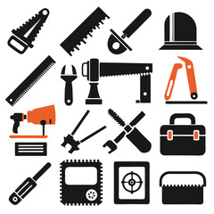 Collection of assorted construction and repair tools on white