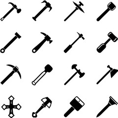Collection of various black construction and repair tools icons