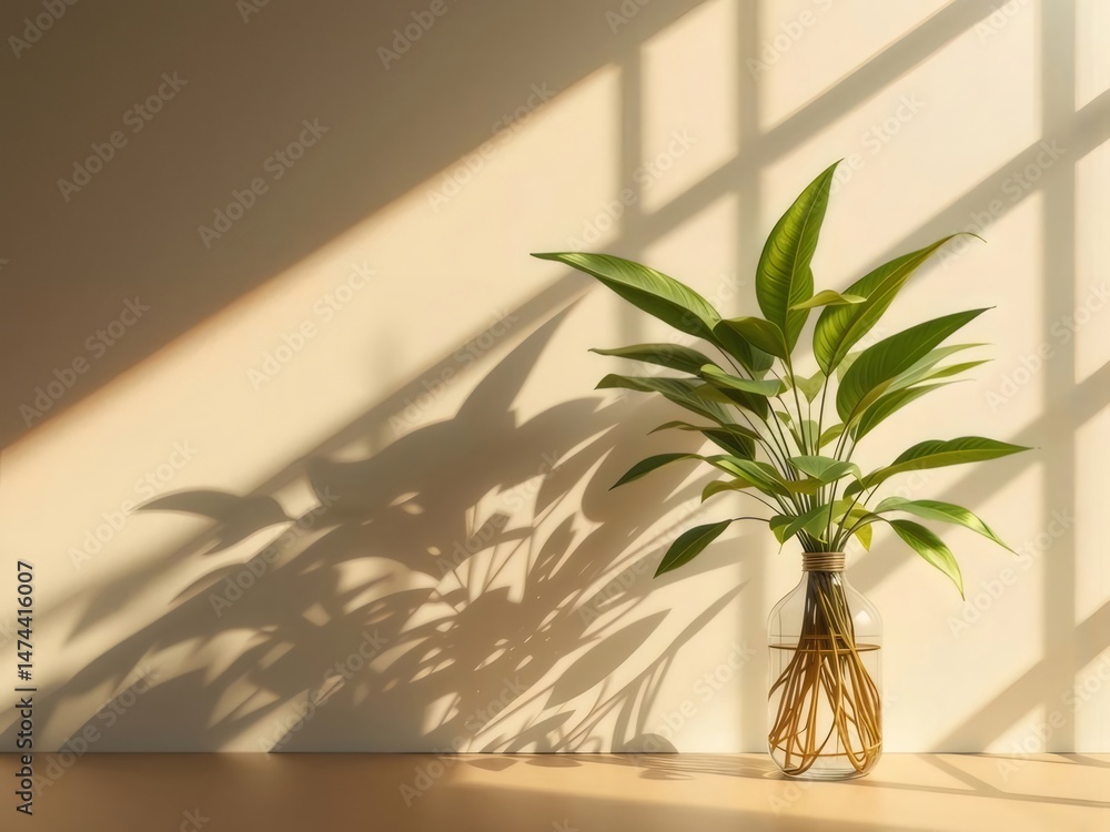 Aufkleber 窓からの光が差し込むベージュの壁の背景に置かれたガラスの花瓶の緑の植物
