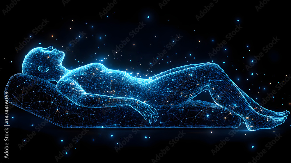 Fototapete Abstract wireframe human figure glowing on a dark surface. Blue-white points illuminate the form, creating a futuristic and ethereal scene. Abstract wireframe in dark blue