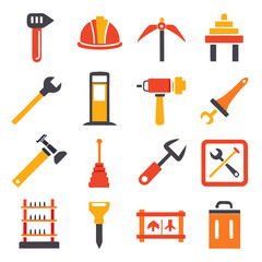 Variety of vibrant construction and repair tools icon set