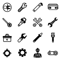 Fototapeta premium Assorted black and white tool icons on white background