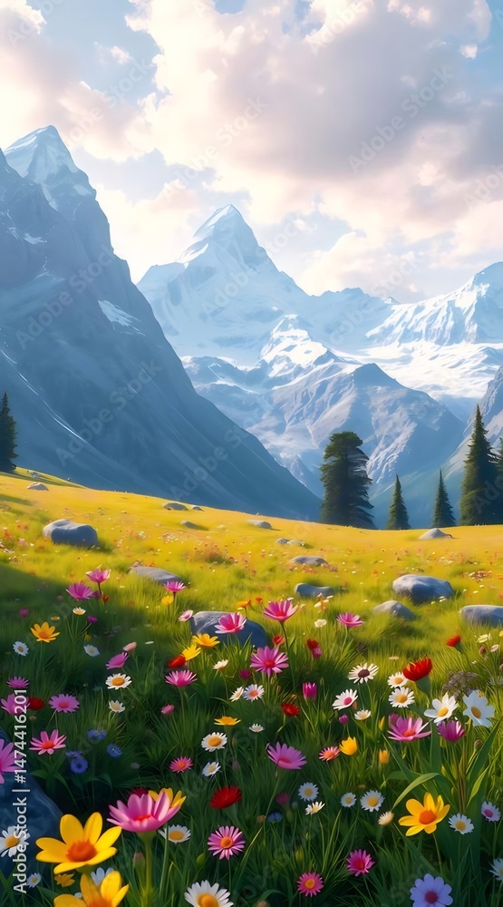 Aufkleber 花が咲き乱れる緑豊かな草原と雪を頂いた山の背景のパノラマの風景