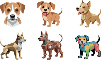 Adorable cartoon dog characters in various styles including origami and robotic designs