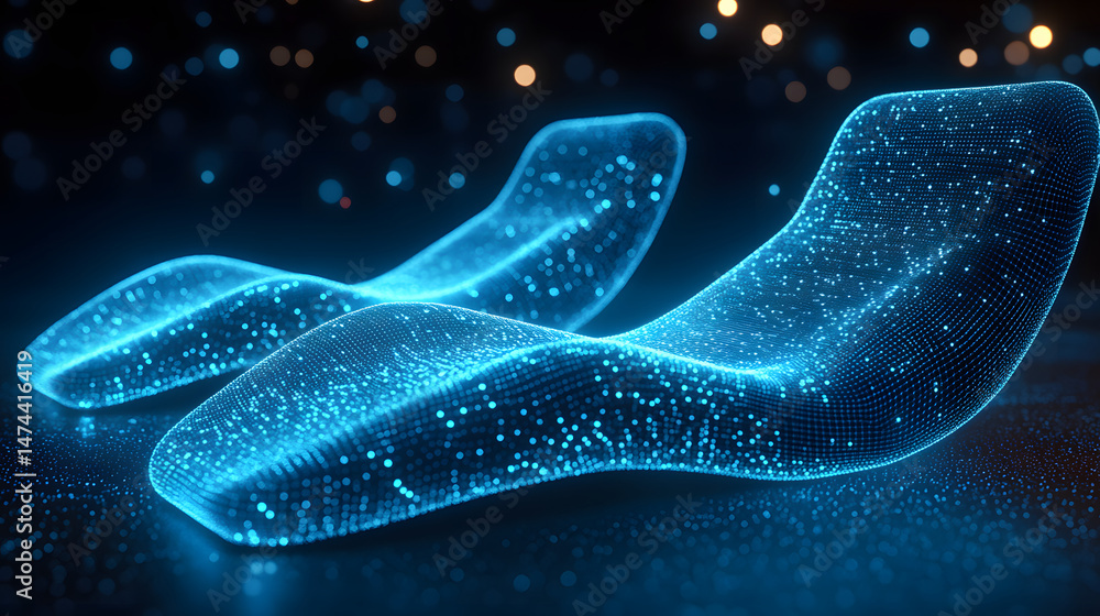 Poster futuristic neon chaise lounges glow in a dark space. reflective floor enhances the ethereal ambiance