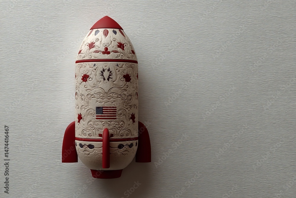 Poster decorative rocket sculpture on a neutral background showcasing intricate design and american flag