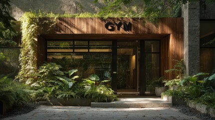 A modern gym integrates wood and glass design, promoting an eco-conscious lifestyle. Surrounded by vibrant greenery, it's an inviting space to exercise and connect with nature