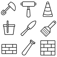 Outlined icons of construction and bricklaying tools collection