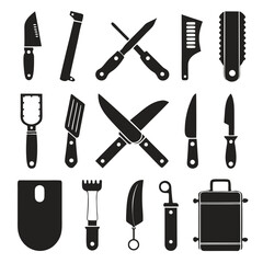 Black and white collection of kitchen knife tool silhouettes