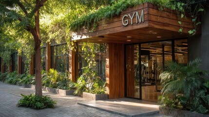 Obraz premium A contemporary gym integrates nature with wooden and glass architecture, nestled among vibrant plants. Fitness enthusiasts can engage in workouts while enjoying the serene outdoor atmosphere