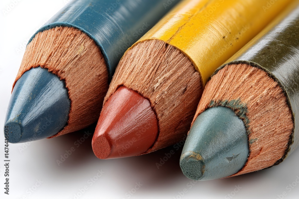 Poster colored pencils in shades of blue, yellow, and red arranged on a white surface in a close-up view sh